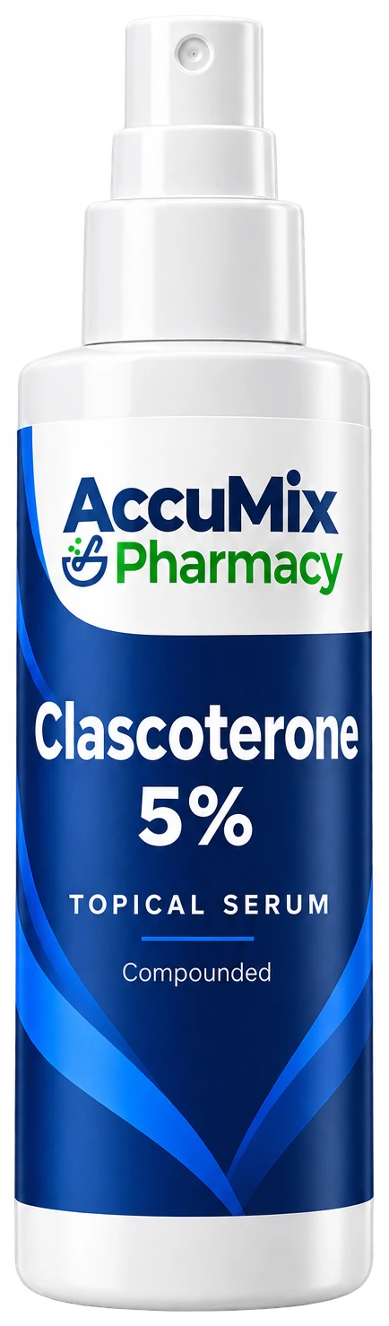AccuMix Pharmacy compounded clascoterone topical serum in a spray bottle
