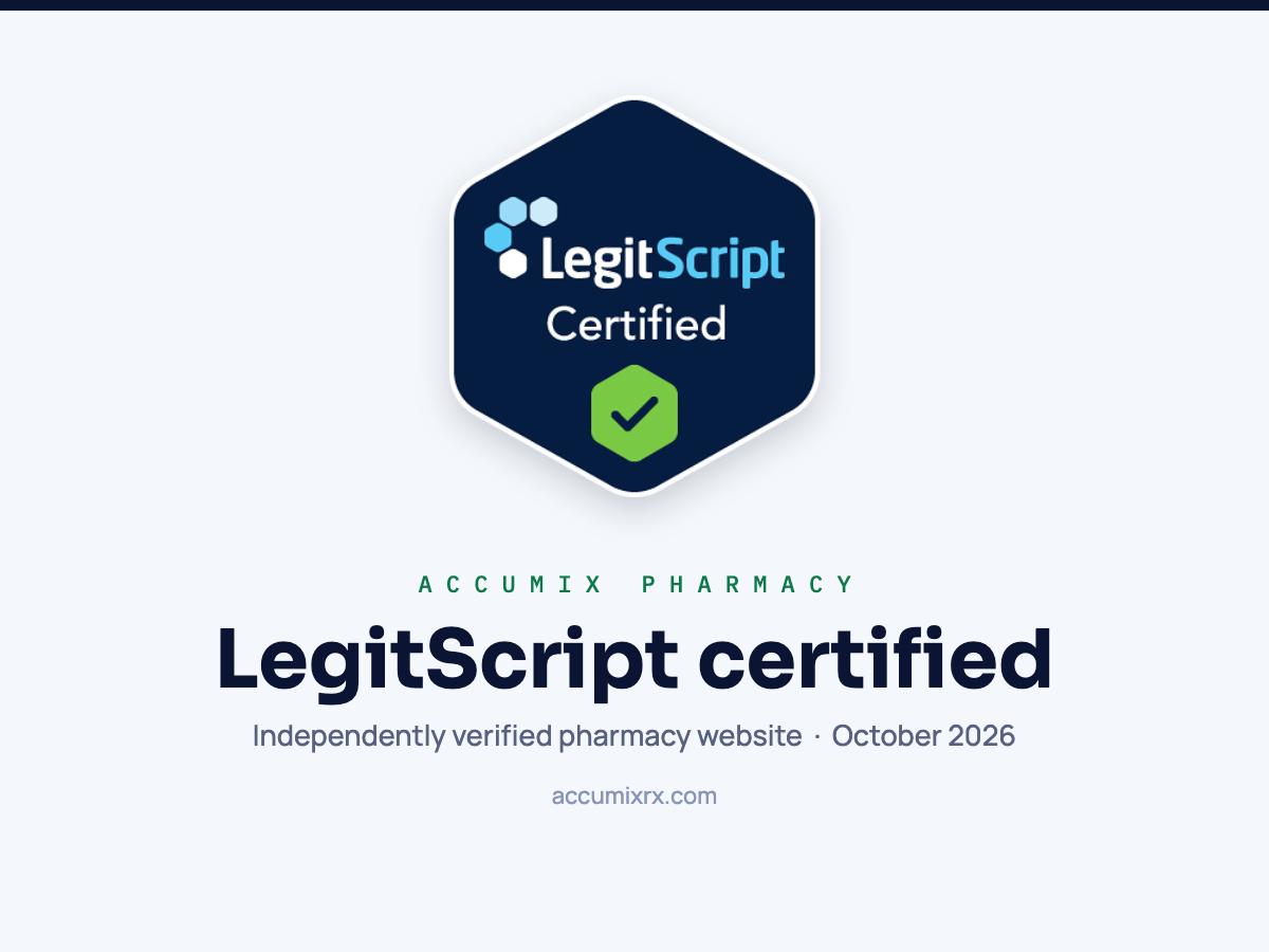 LegitScript Certified seal: AccuMix Pharmacy is LegitScript certified, October 2026
