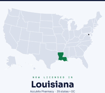 Map of the United States with Louisiana highlighted: AccuMix Pharmacy is now licensed in Louisiana