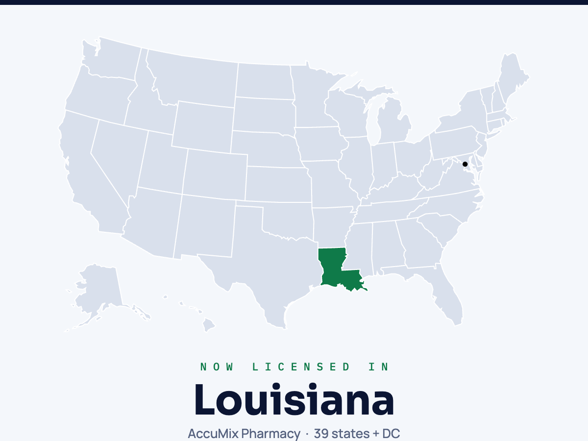 Map of the United States with Louisiana highlighted: AccuMix Pharmacy is now licensed in Louisiana