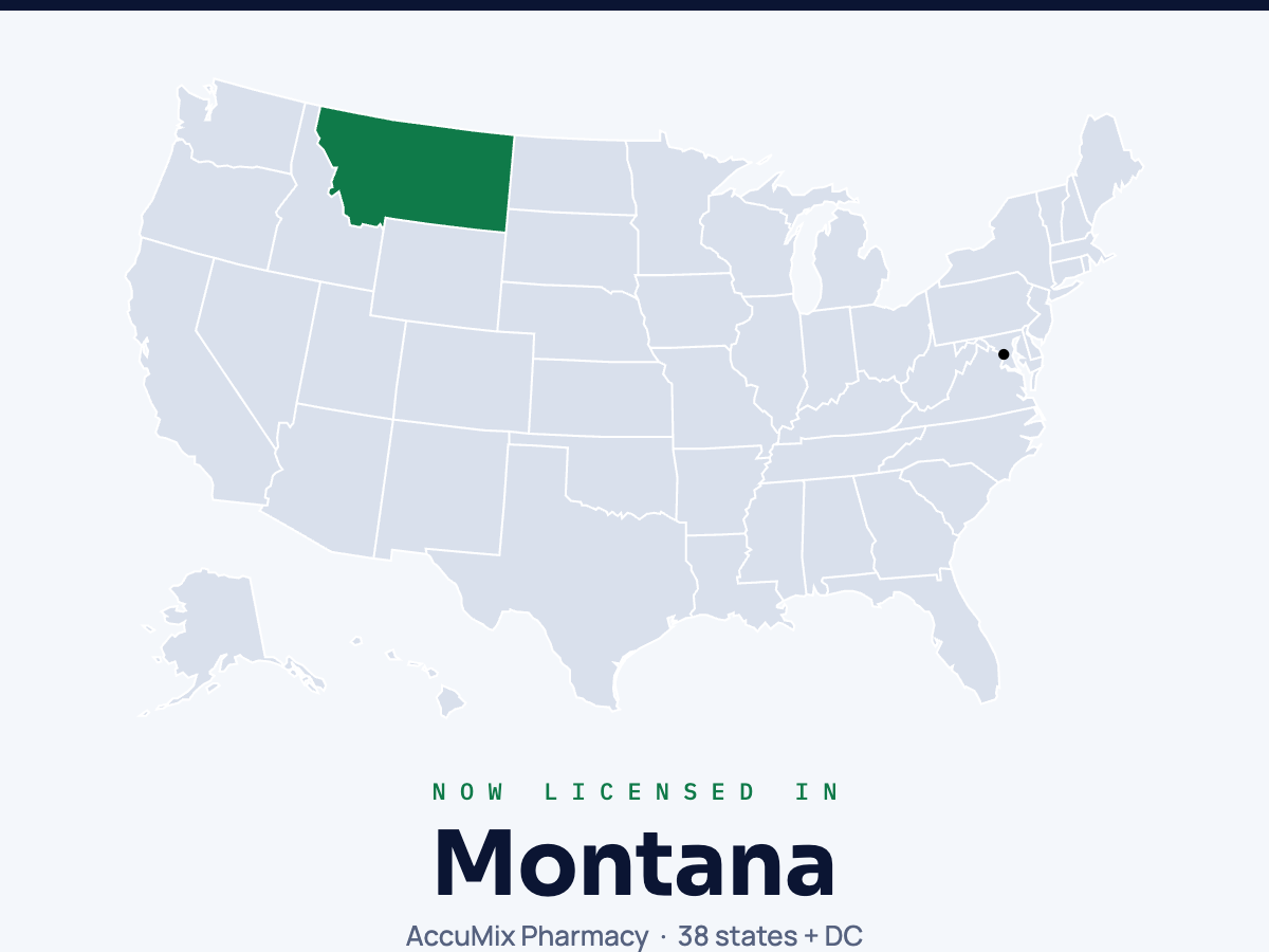 Map of the United States with Montana highlighted: AccuMix Pharmacy is now licensed in Montana