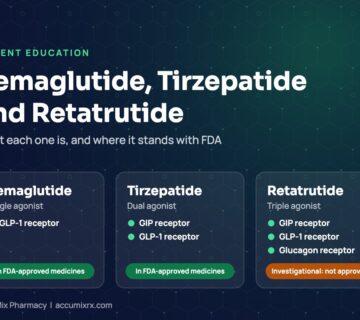 Chart comparing semaglutide (GLP-1), tirzepatide (GIP and GLP-1) and retatrutide (GIP, GLP-1 and glucagon), with FDA status of each