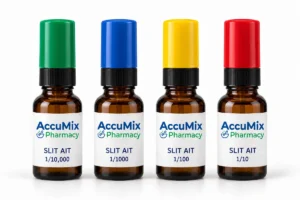 AccuMix Pharmacy SLIT sublingual allergy immunotherapy bottles in four dilutions, 1/10,000 to 1/10