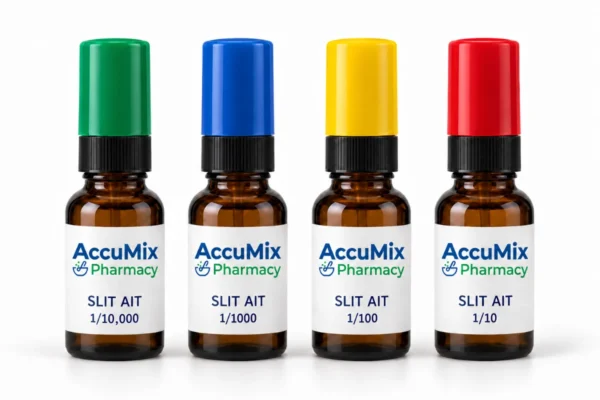 AccuMix Pharmacy SLIT sublingual allergy immunotherapy bottles in four dilutions, 1/10,000 to 1/10