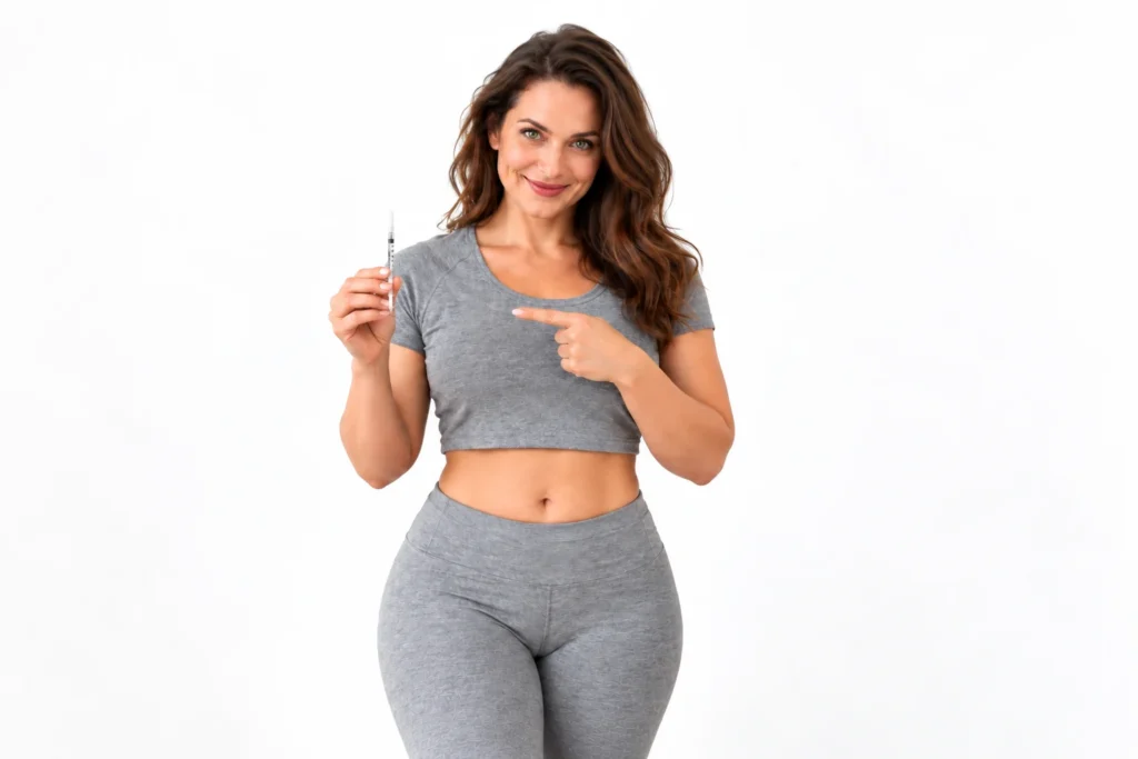 Woman in athletic wear holding an injection syringe